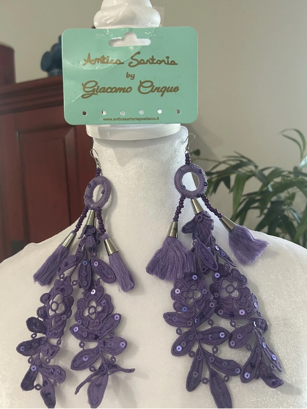 Antica Sartoria by Giacomo Cinque Purple Lace Tassel Drop Earrings